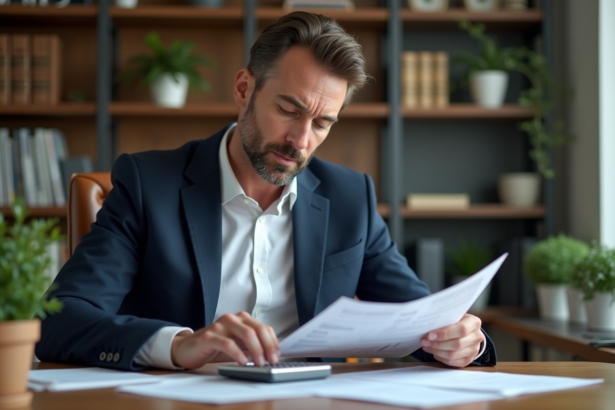 Homme d affaires en costume noir examine ses relevés bancaires