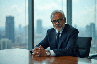 Homme d'affaires en costume navy dans une salle de réunion urbaine