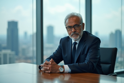 Homme d'affaires en costume navy dans une salle de réunion urbaine