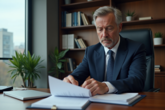Homme d'affaires en costume bleu dans un bureau moderne