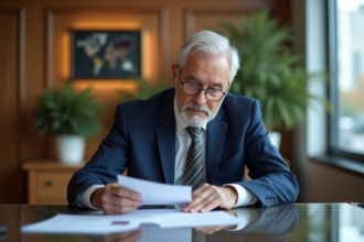 Homme d'affaires âgé examine des documents de prêt immobilier