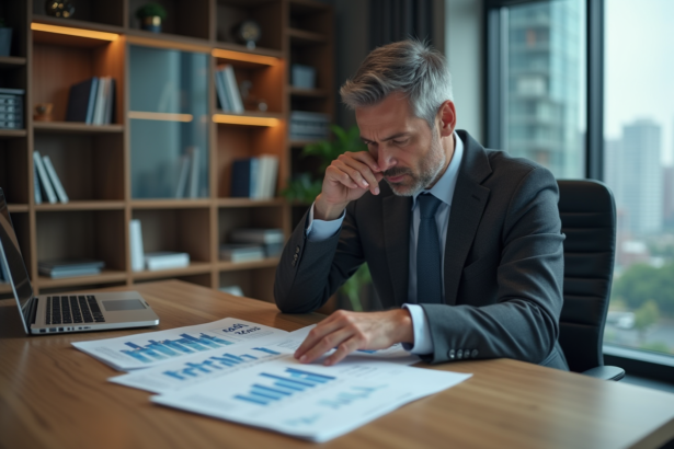 Homme d'affaires en costume analysant des documents PEA 2025