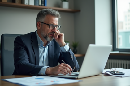 Homme d'affaires en bureau avec documents et ordinateur