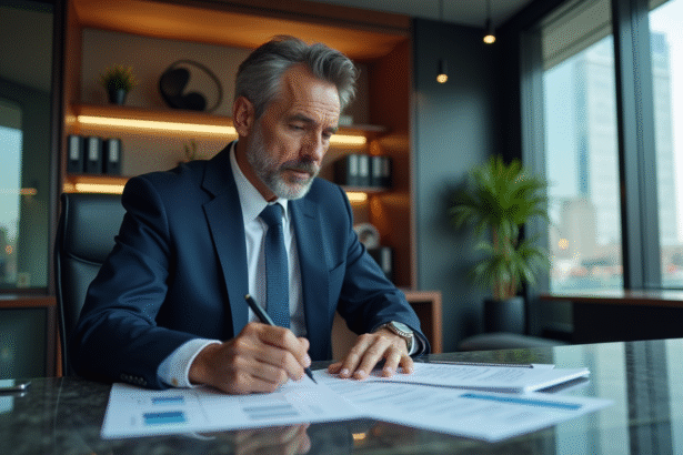 Homme d'affaires en costume navy dans un bureau moderne