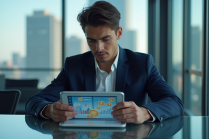 Jeune homme d'affaires examine une tablette avec des graphiques financiers