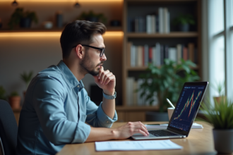 Homme concentré analysant des graphiques de cryptomonnaies dans un bureau