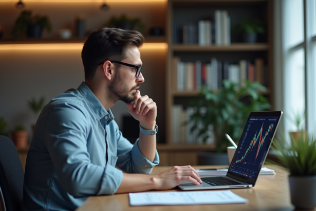 Homme concentré analysant des graphiques de cryptomonnaies dans un bureau