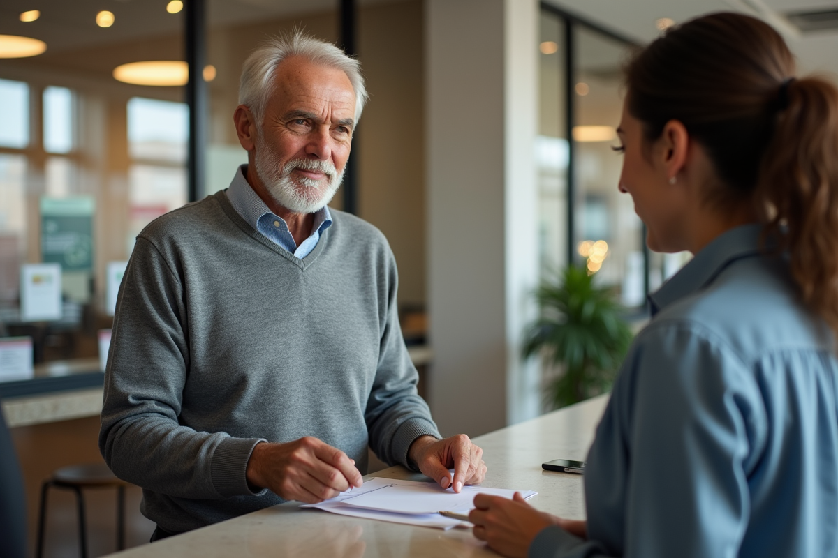 Homme senior remettant un formulaire à un conseiller bancaire