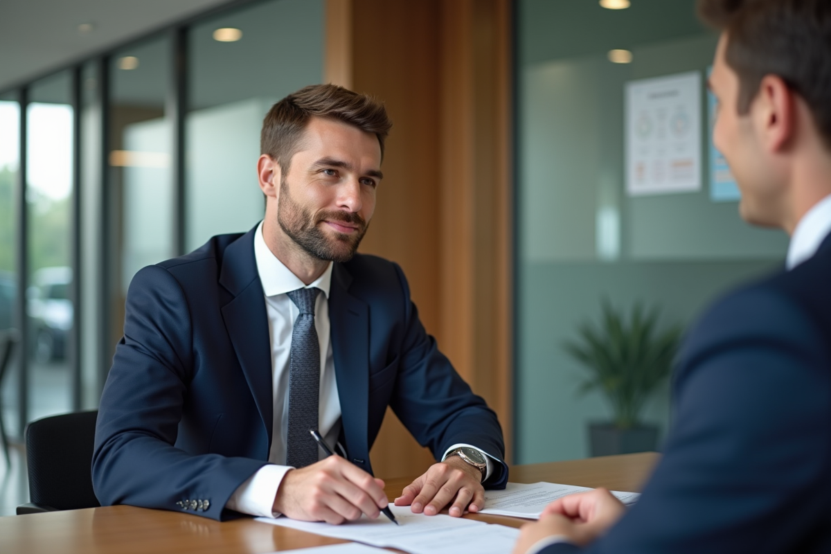 Homme en costume costard bleu dans un bureau financier