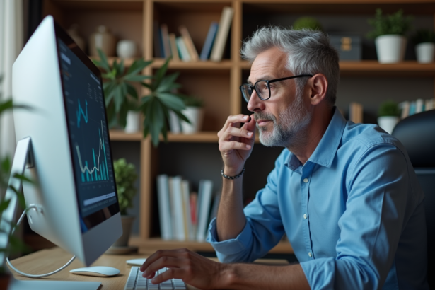 Homme d'âge moyen regardant un graphique sur son ordinateur