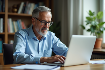 Homme d'âge moyen utilisant un calculateur de retraite sur son ordinateur