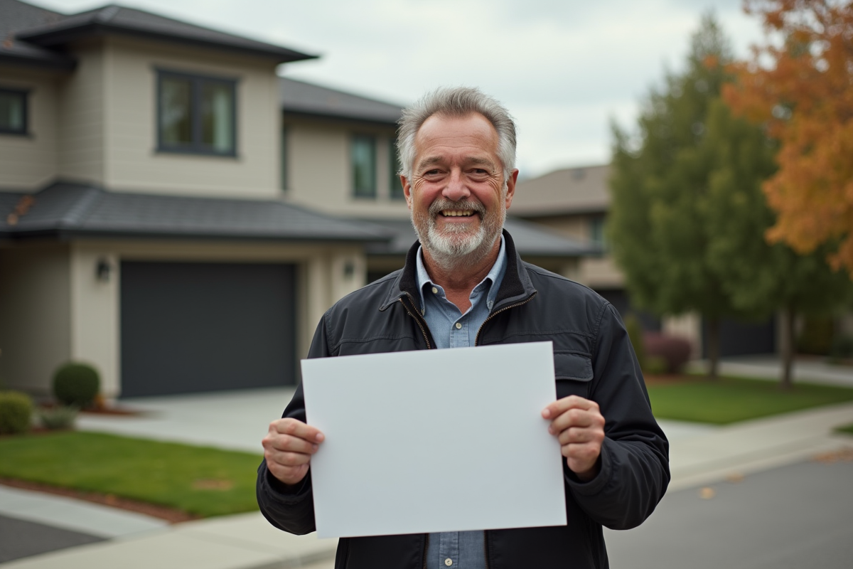 Homme espérant devant une maison avec panneau a vendre