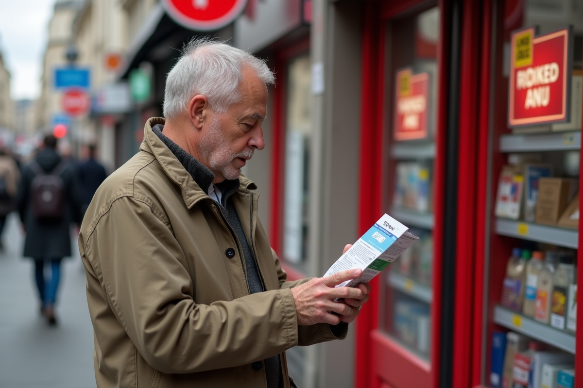 Homme lisant leaflet avec carte prépayée devant un tabac