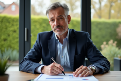 Homme d'âge moyen en costume bleu planifiant sa retraite