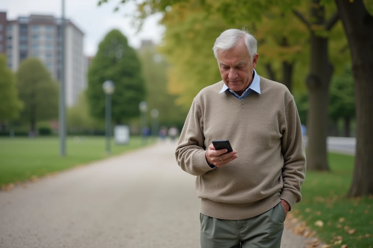 Homme retraité marchant dans un parc en vérifiant ses infos de pension