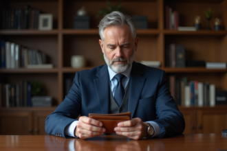 Homme en costume examinant un portefeuille en cuir dans un bureau calme