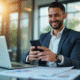 Homme souriant utilisant une application bancaire sur smartphone dans un bureau lumineux