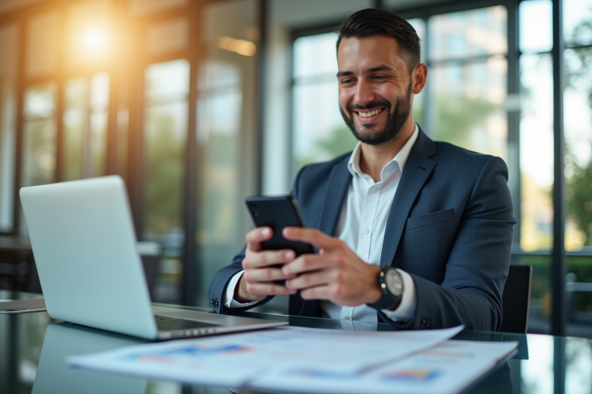 Homme souriant utilisant une application bancaire sur smartphone dans un bureau lumineux
