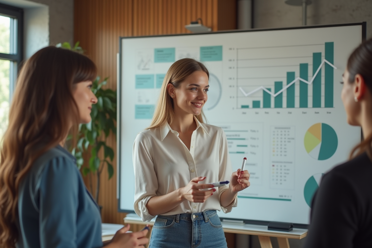 Jeune femme expliquant des graphiques dans un espace de coworking