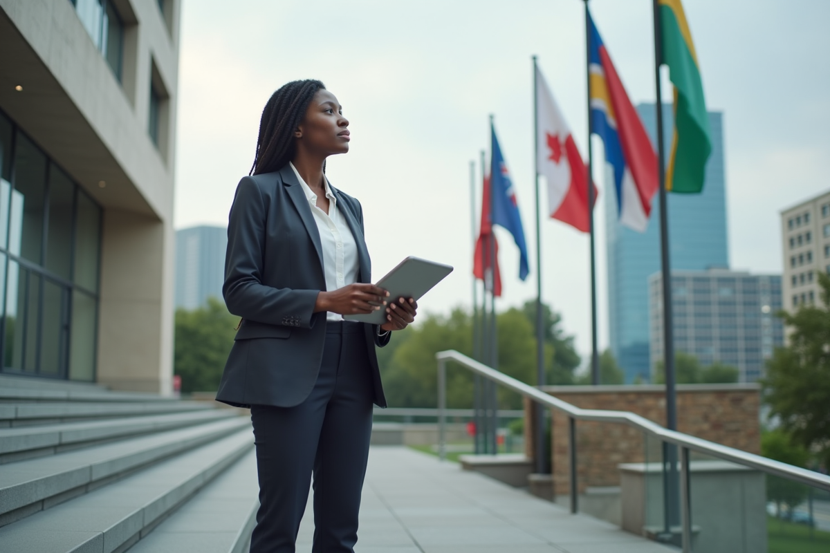 Jeune femme économiste devant des drapeaux mondiaux en extérieur