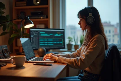 Jeune femme en home office éditant des ondes sonores
