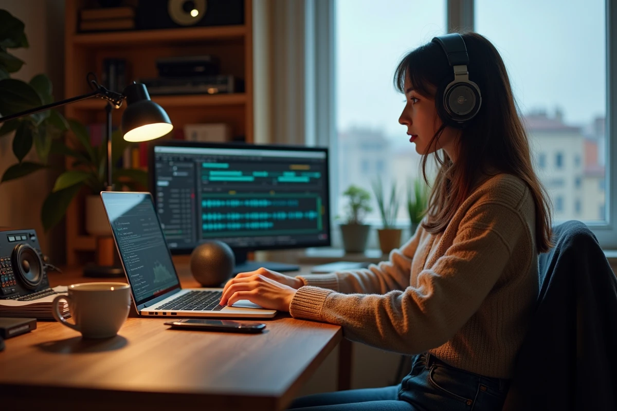 Jeune femme en home office éditant des ondes sonores