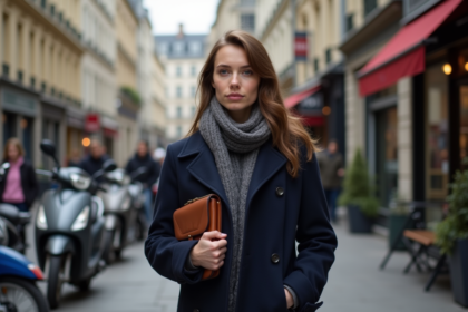 Jeune femme parisienne en manteau navy dans la rue