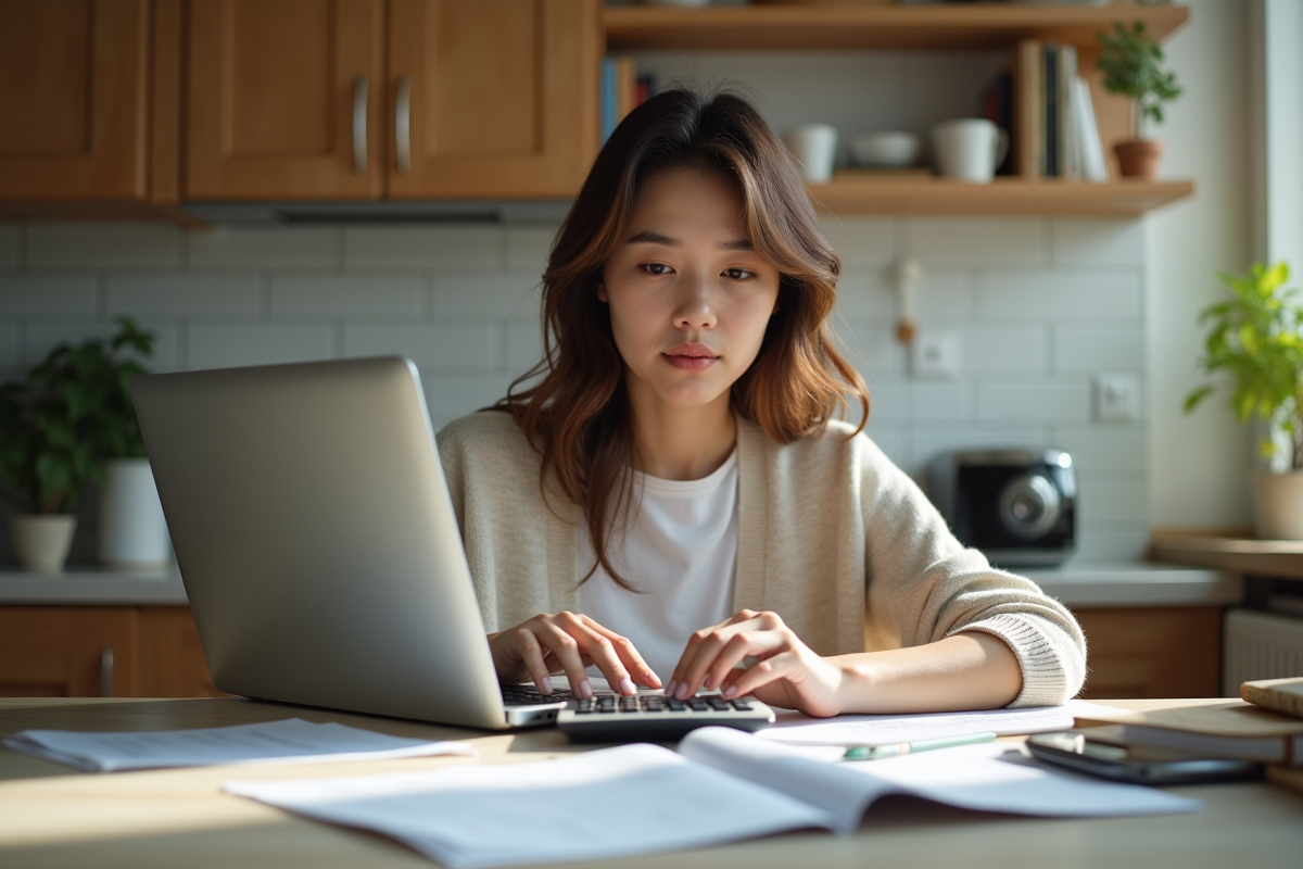 Jeune femme concentrée travaillant à la maison avec papiers et ordinateur