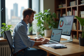 Jeune homme en bureau moderne analysant des graphiques