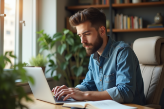Jeune homme en denim consulte son portefeuille crypto sur un laptop