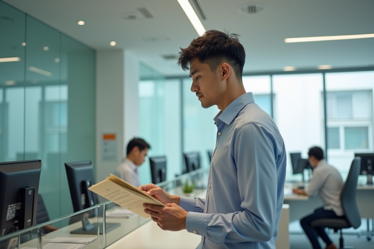 Jeune homme remettant un dossier à un guichet administratif