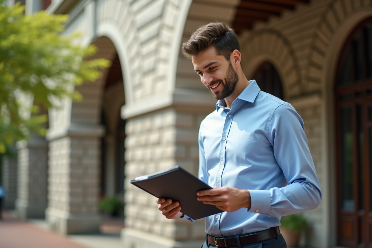 Jeune homme étudiant souriant devant un bâtiment universitaire