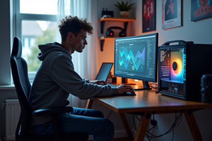 Jeune homme concentré devant son PC gaming en minage