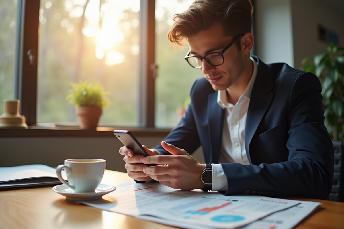 Jeune professionnel vérifiant prix crypto avec smartphone et café