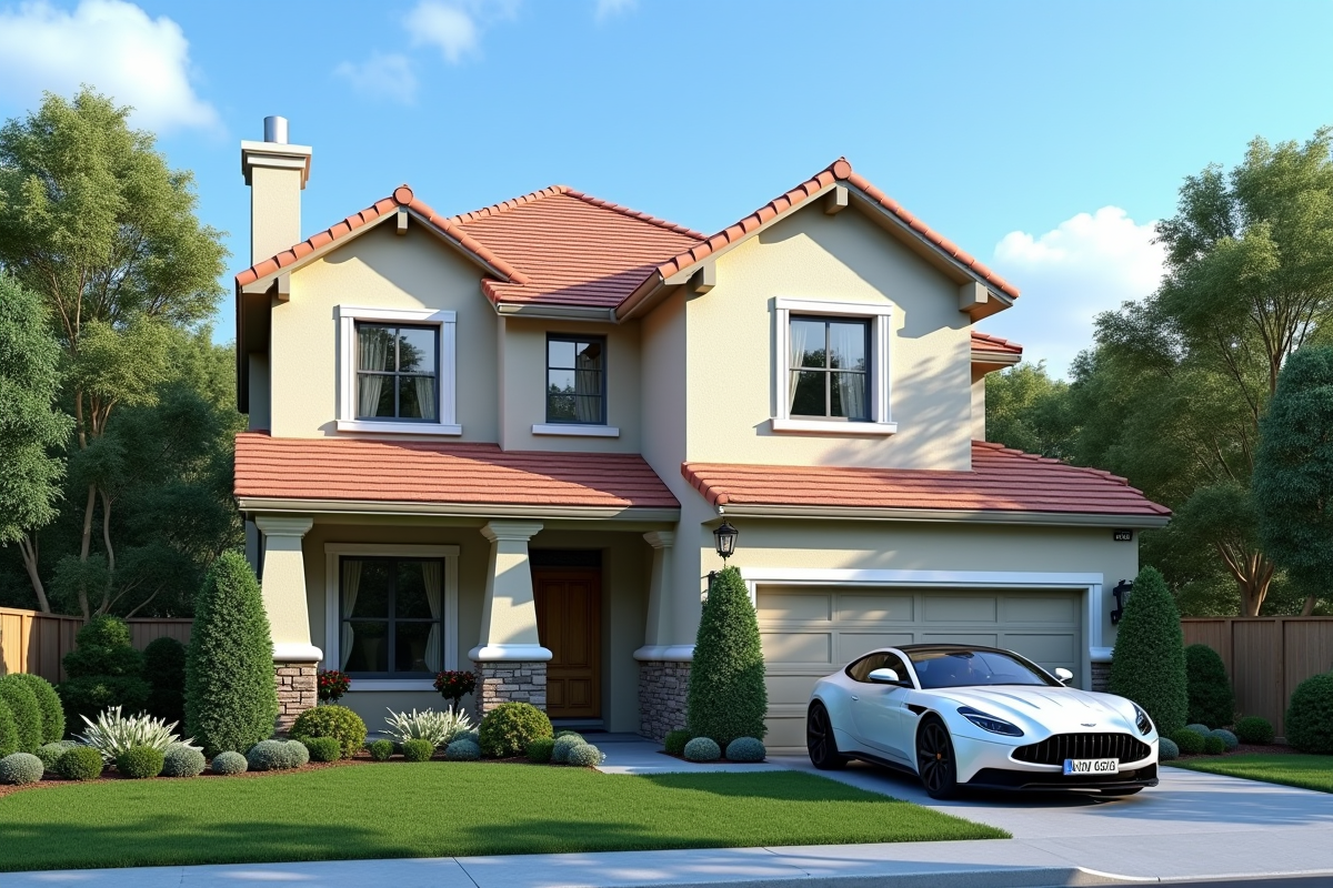 Maison de luxe avec voiture haut de gamme devant dans un quartier résidentiel