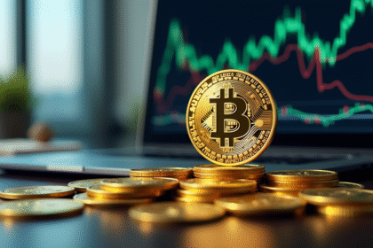 Pièce de bitcoin en évidence avec graphique financier en arrière-plan