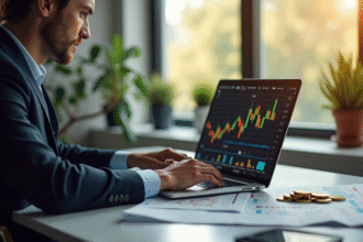 Professionnel analysant des graphiques de cryptomonnaies dans un bureau moderne