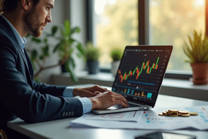 Professionnel analysant des graphiques de cryptomonnaies dans un bureau moderne
