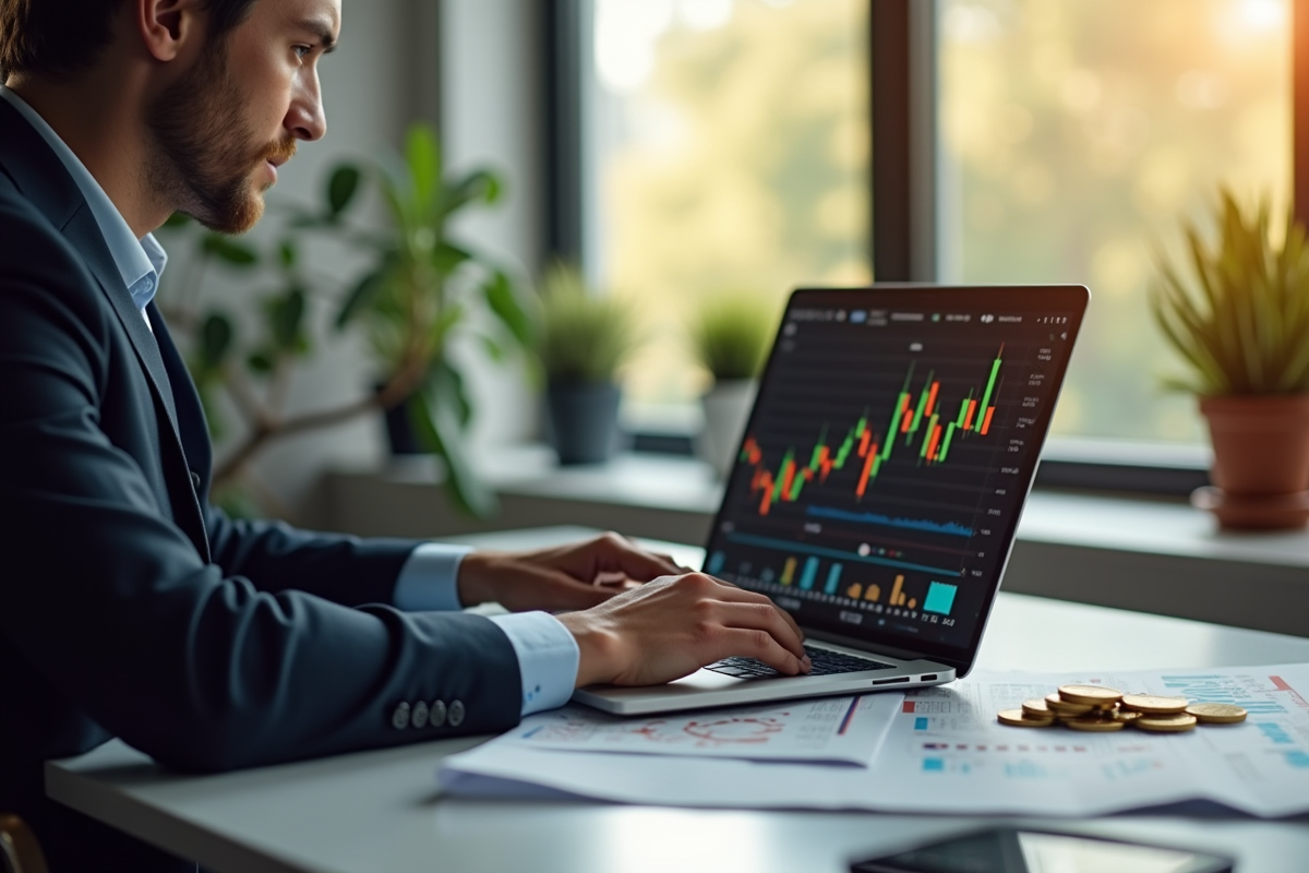Professionnel analysant des graphiques de cryptomonnaies dans un bureau moderne