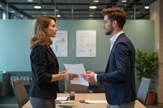Femme d'affaires et jeune homme échangeant des documents au bureau