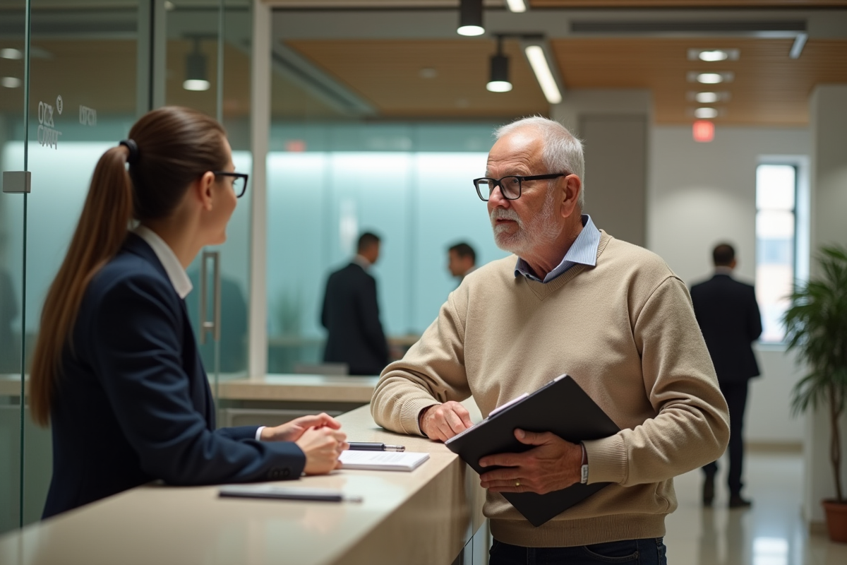Retraité parlant avec un conseiller bancaire dans une agence moderne
