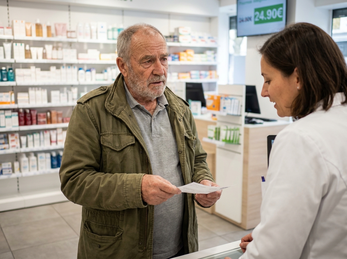Retraité en pharmacie vérifiant le remboursement de ses médicaments avec un pharmacien
