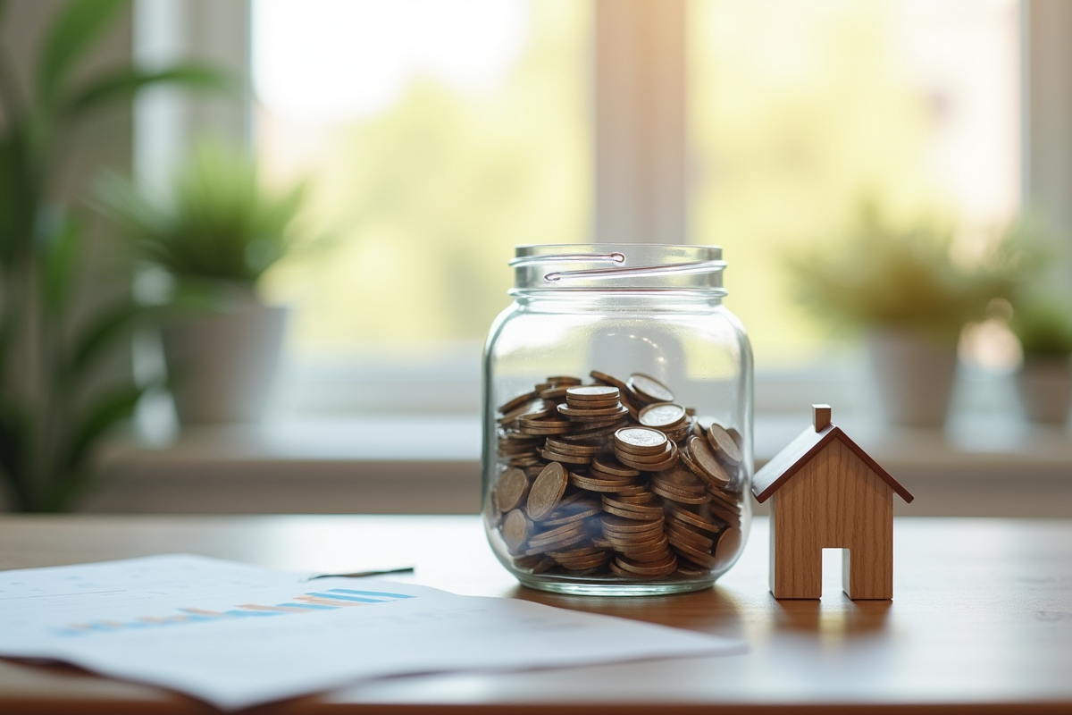 Tirelire en forme de maison avec pièces sur une table en bois