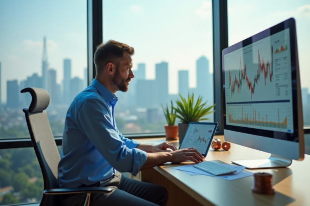 Trader homme en bureau regardant les cours du cuivre
