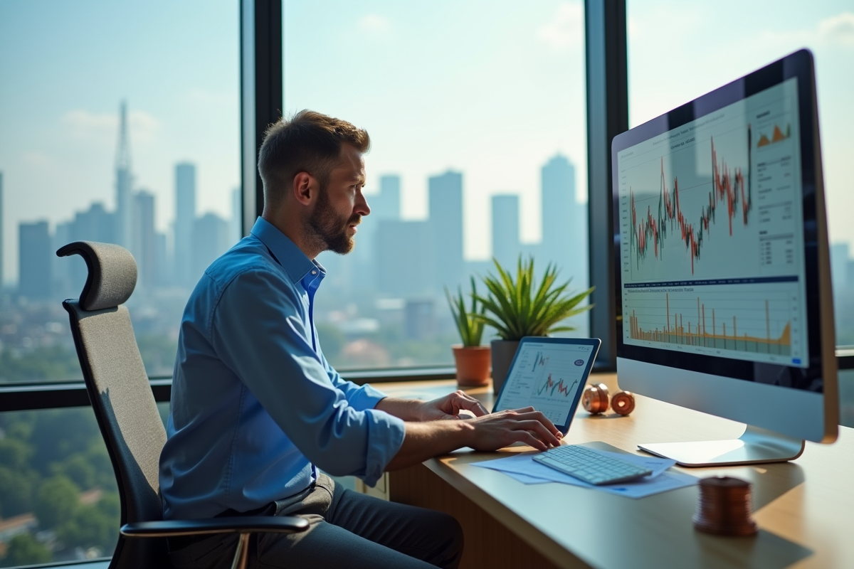 Trader homme en bureau regardant les cours du cuivre